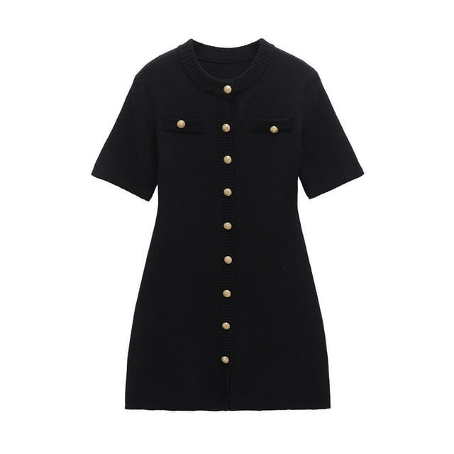 Robe Courte Décontractée pour Femme en Tricot Côtelé, Manches Courtes, Col Rond, Mini Robe Chandail Ligne A avec Boutons Décoratifs, Noir, P