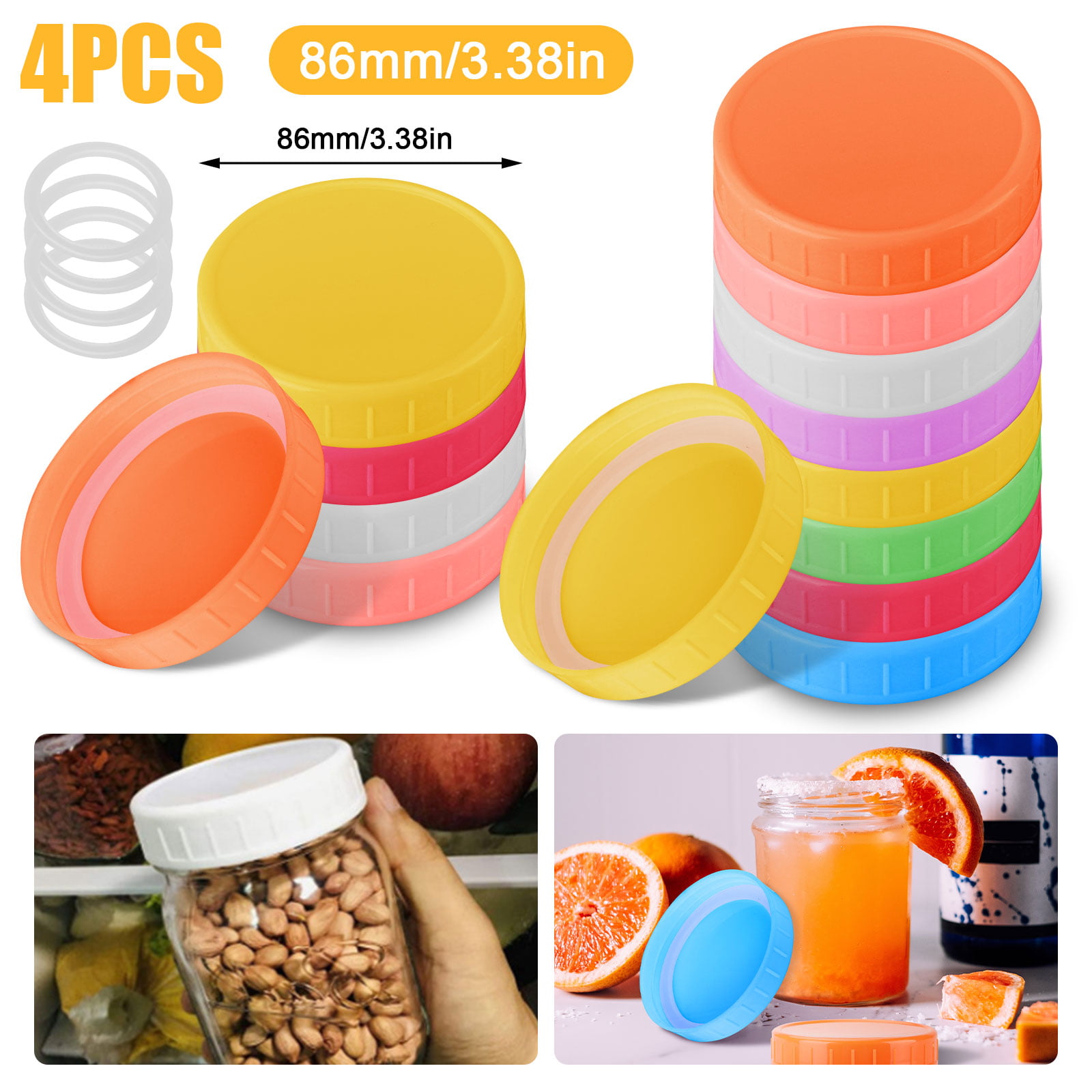 4 Plastic Caps Seal Lids w/Silicone Seal Rings for Wide/Regular Mason Jar Bottle 