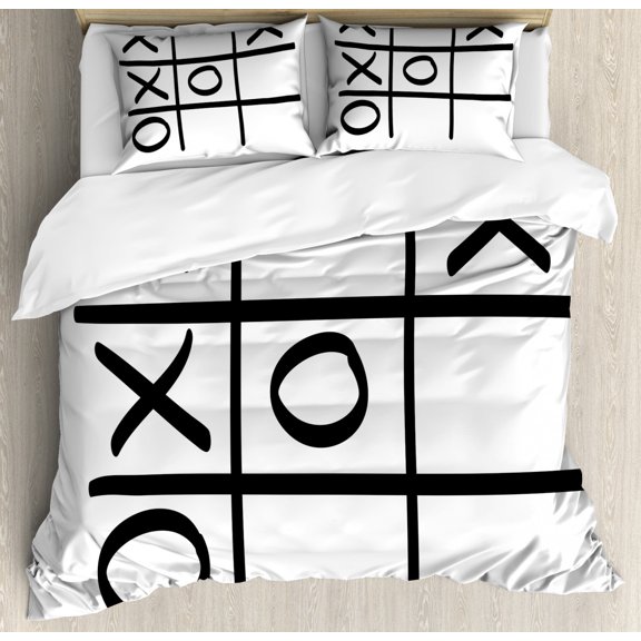 Xo Duvet Cover Set Queen Size, Tic Tac Toe Pattern Unfinished Game Hobby Theme Alphabet Minimalist Artful Image, Decorative 3 Piece Bedding Set with 2 Pillow Shams, Black and White, by Ambesonne