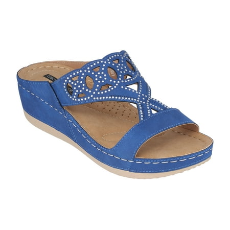

GC Shoes Women s Memory Foam Wedge Sandals Summer Comfort Heels Casual Slip On Platform Dress Slides Ganni/Blue/Size 8.5