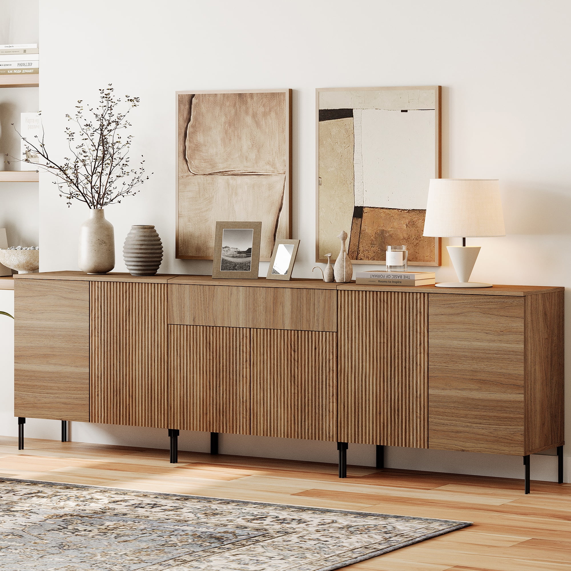 94.5" Reeded Accent Cabinet Set with Doors and Drawers, Modern Credenza Storage Cabinet with Adjustable Shelves for Living Room, Kitchen, Dining Room, Hallway