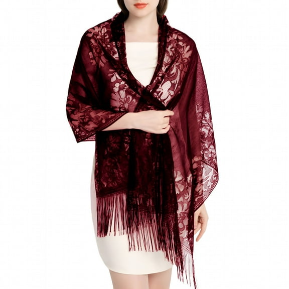 TELOLY Women's Lace Fringe Wrap Scarf for Evening Dresses Satin Shawl and Wraps Pashmina Wedding Bridal Party Elegant Soft Scarves Burgundy One Size