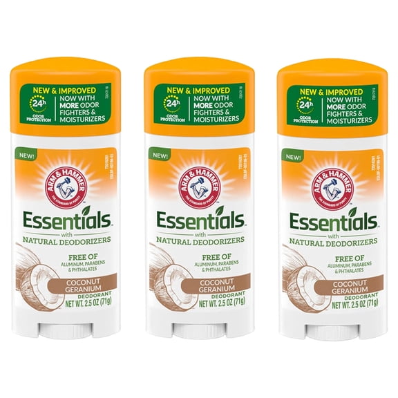 ARM & HAMMER Essentials Deodorant, with Natural Deodorizers, Coconut Geranium, 2.5 oz (Pack of 3)