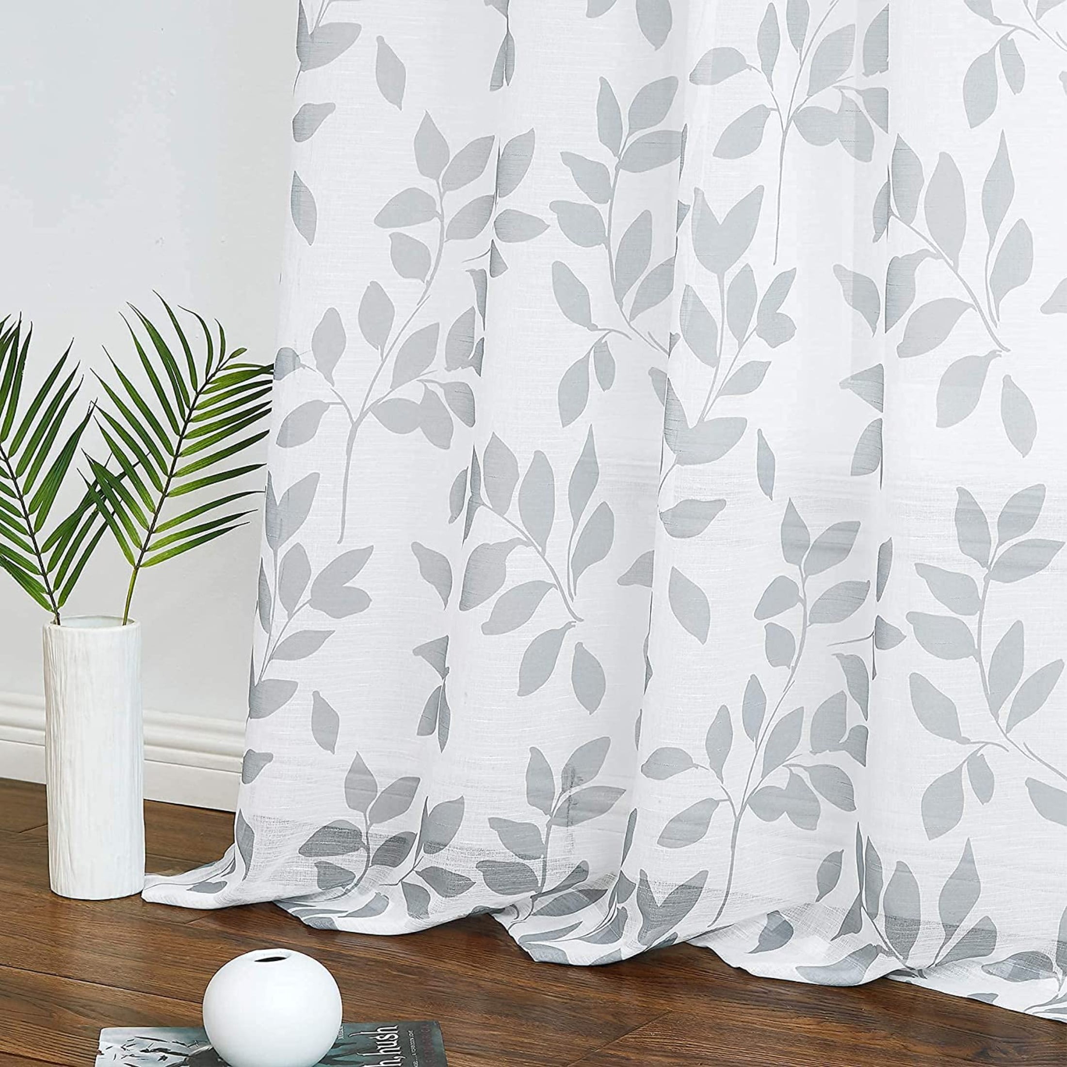 Exultantex White and Grey Sheer Curtains Leaf 84 inch Long 2 Panels Rural Garden Linen Textured, Rod Pocket