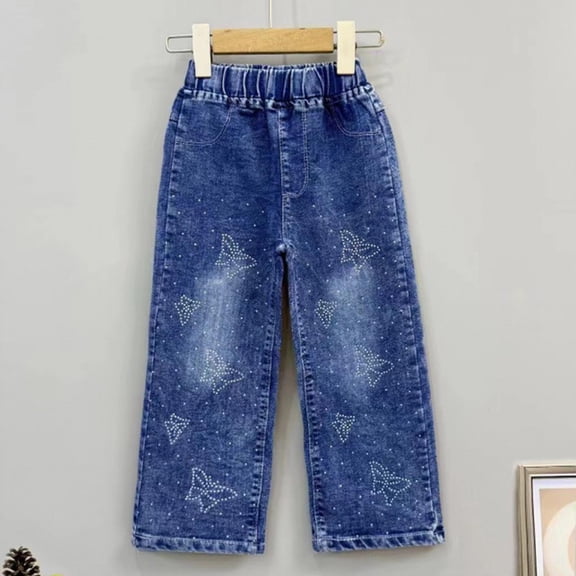 Girls Butterfly Wide Leg Denim Pants - Elastic Waist Soft Pull On Jeans for Kids Kids Play 2T 3T 4T 5/6 7/8,Size 5-6 T