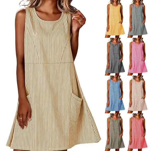 Women's Striped Mini Dress Gingham Tunic Dress Round Neck Sleeveless Loose A Line Sundress with Pockets Lounge Vacation Outfit Yellow