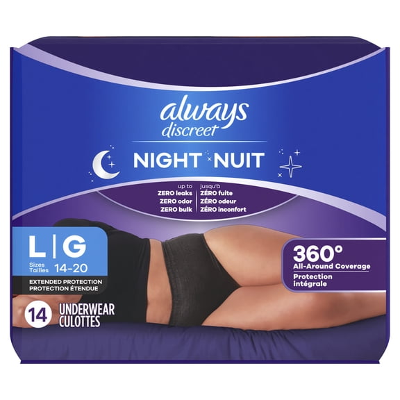 Always Discreet Night, Reimagined Adult Diapers for Women Size L, 14 CT