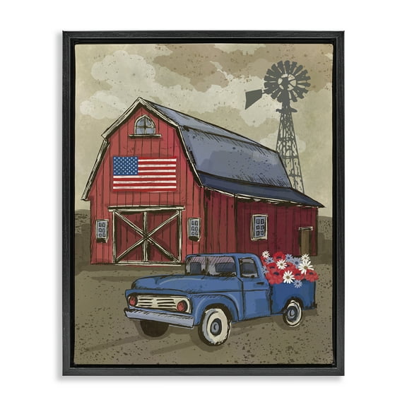 Stupell Industries Vintage Americana Barn Patriotic Painting Black Floater Framed Canvas Art Print Wall Art, 17 x 21