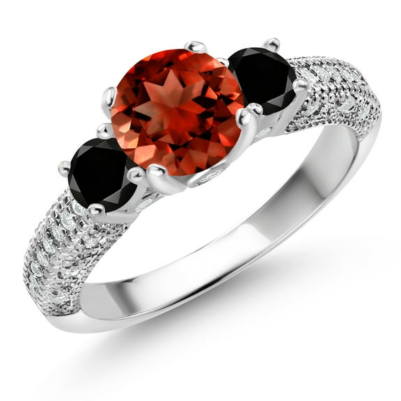 Gem Stone King 925 Sterling Silver Red Garnet Black Diamond and White Moissanite Engagement Ring for Women (2.12 Cttw, Gemstone January Birthstone, Round 7MM and 4MM, Size 5)