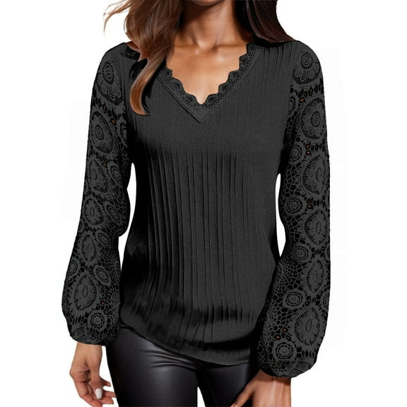 T-Shirt for Women Women's Loose V-neck Lace Patchwork Long Sleeved Casual T-shirt Top