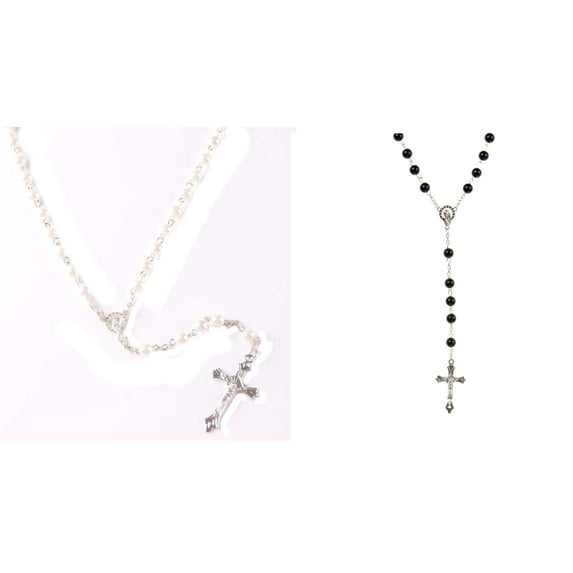 2-Piece Set Rosemary Prayer Beads 1-Black 1-White Silver Anti-Tarnish Cross Jewelry-334-CPB