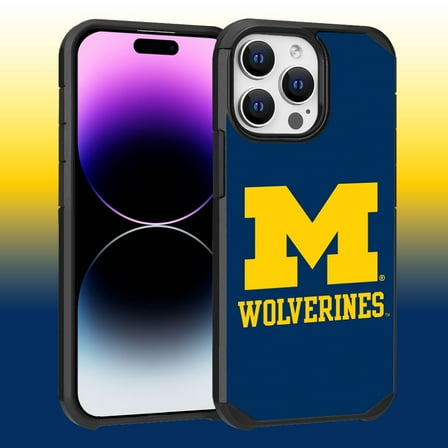 Apple iPhone 14 Pro Max (6.7) - Licensed NCAA University of Michigan Wolverines Logo on Dark Blue Textured Dual Layer Case