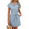 thumbnail image 3 of Women'S Solid Color Casual Button Down Tie Waist Woven Dress Midi Shift Summer Dress Blue L, 3 of 9