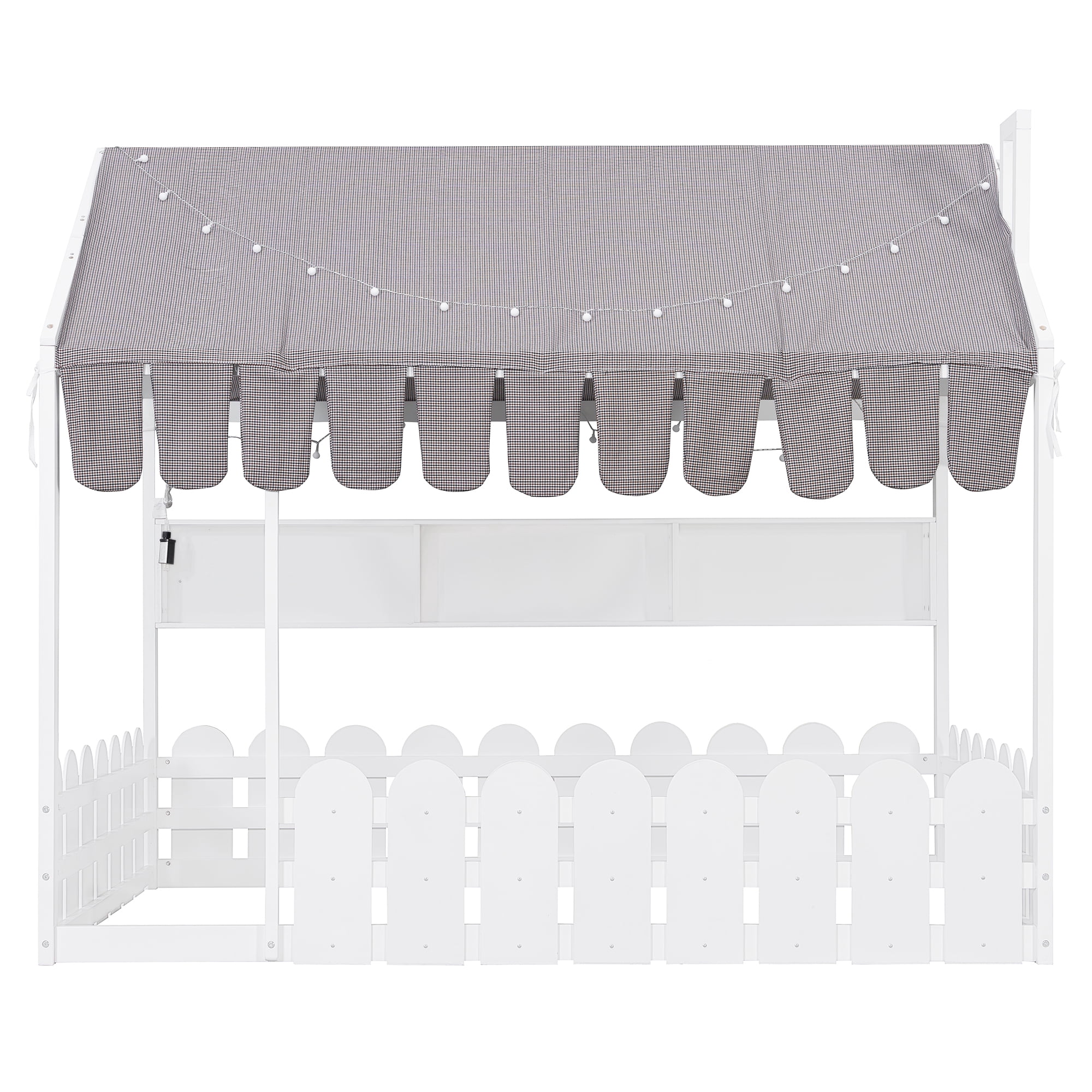 Aukfa Full Size House Bed with Fence and Tent for Kids, Wooden Montessori Bed with LED Lights & Storage Shelves for Toddler Boys and Girls Bedroom, White