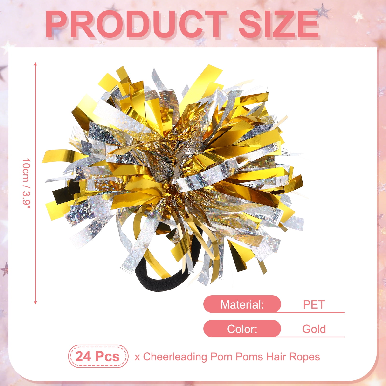 Uxcell 24 Pcs Cheerleading Pom Poms Hair Ropes for Basketball Game,Outdoor Activities, Gold