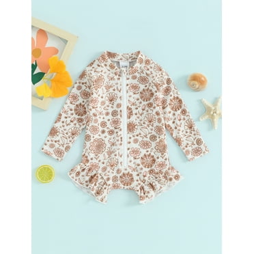 Mama's sunshine Toddler Girls Rash Guard Swimsuit Rompers Long Sleeve Floral Print Ruffles Zipper Baby Bathing Suit Swimwear