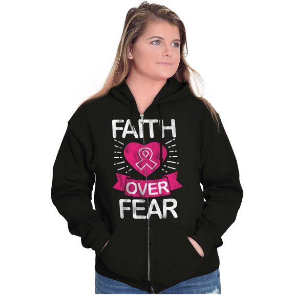 Faith Over Fear Breast Cancer Ribbon Zip Hoodie Sweatshirt Women Brisco Brands S