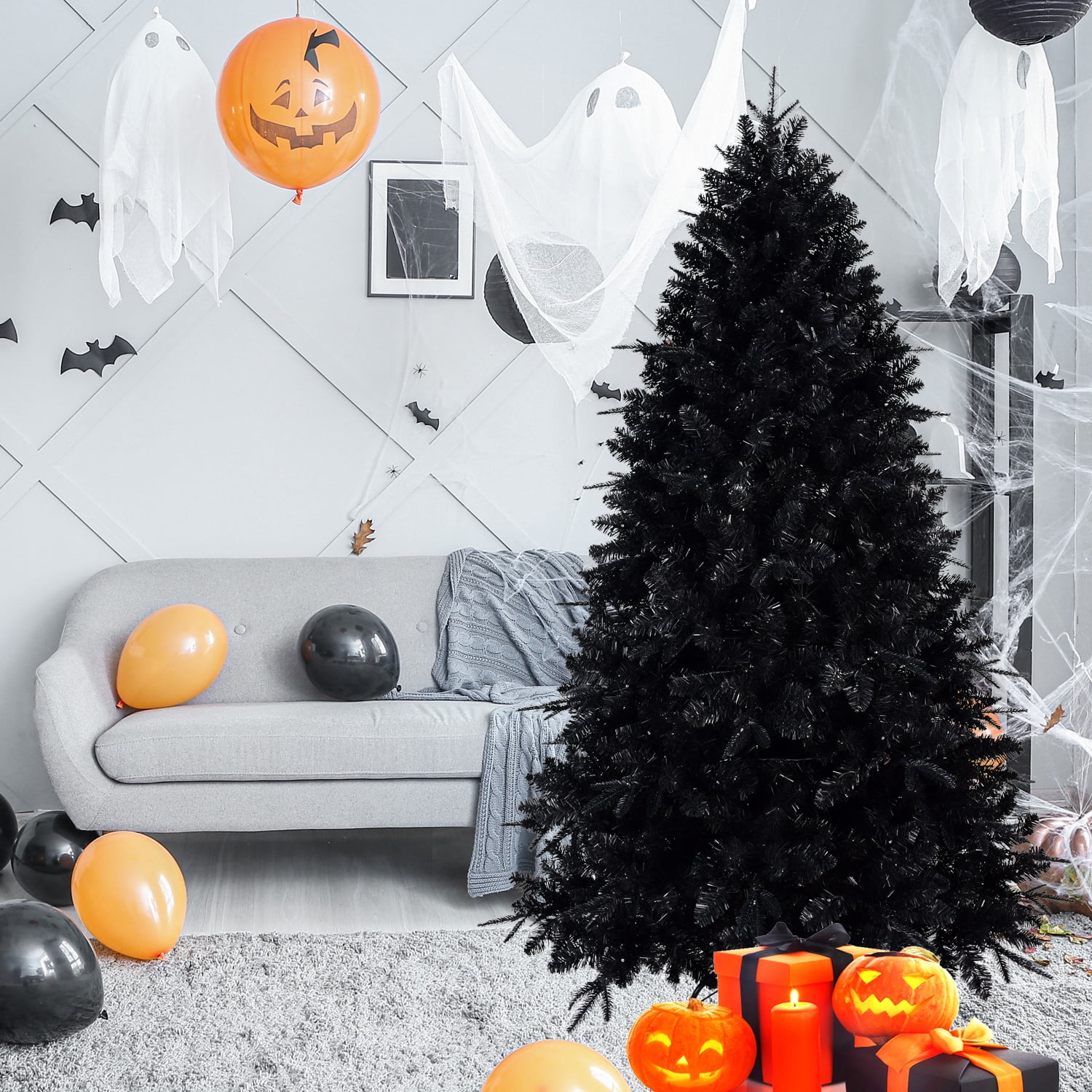 Euroco 8ft Black Christmas Tree with 600 White LED Lights, 2486 Tips PE+PVC Artificial Tree for Halloween & Holiday Decor, Hinged Structure with Stable Metal Stand