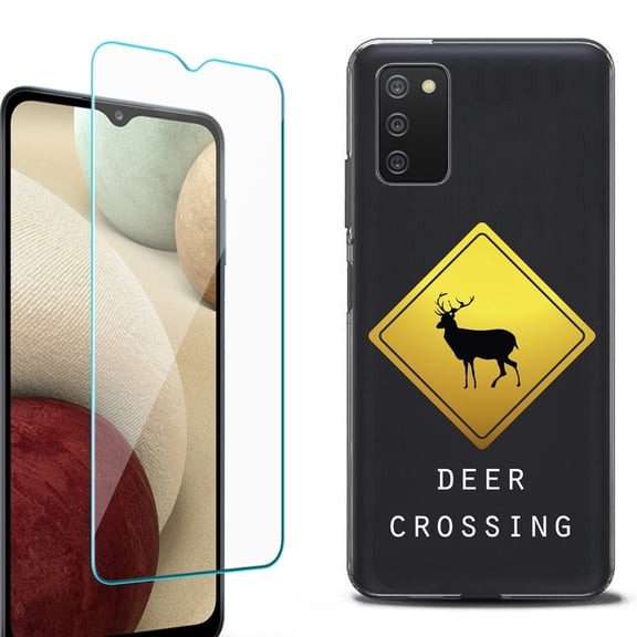 Slim-Fit Protective Fashion Phone Case (Black) for Samsung Galaxy A03s, with Tempered Glass Screen Protector, by OneToughShield ® - Road Sign Deer