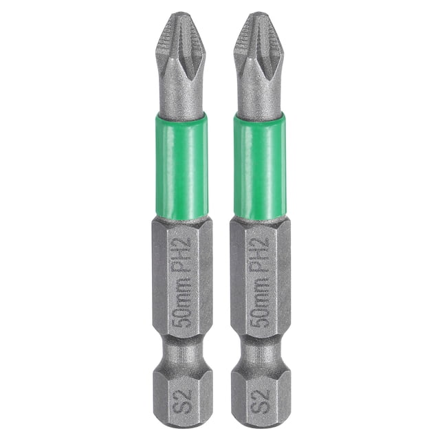 2 piezas de punta de destornillador Phillips antideslizante PH2 1/4" vástago hexagonal 2" (50 mm) herramientas eléctricas, gris/verde