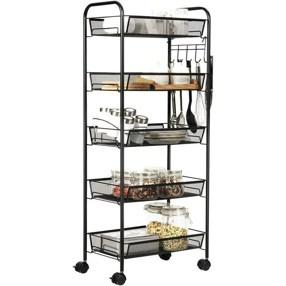 5-Tier Rolling Utility Storage Rack Cart on Wheels, Trolley Craft cart, Multi-Purpose Organizer Shelf, Black