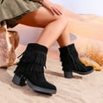 thumbnail image 3 of Fringe Cowgirl Boots for Women 2025 Black Winter Fall Suede Round Toe Long Tassel Platform Chunky Heel Mid Calf Dress Short Booties, 3 of 8