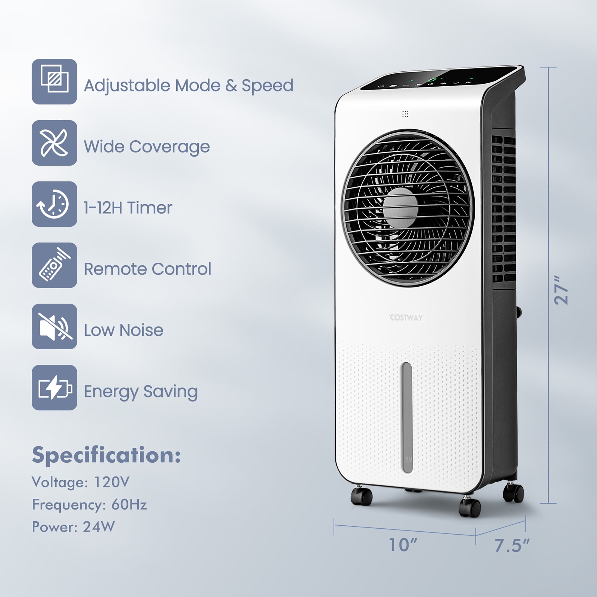 Costway 42''Portable Air Cooler 3-in-1 Cooling Tower Fan W/9H Timer - 13''x 10.5''x 42'' - White