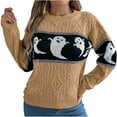 thumbnail image 3 of Defitshape Women's Halloween Knit Pullover Sweater Knitted Sweater Warm Spring Crewneck Fashion Loose Fit Drop Shoulder Short Knitwear Ghost Printed Long Sleeve Fall Top Khaki Large, 3 of 5