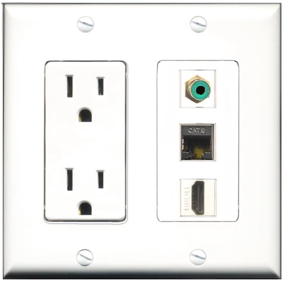 Ultra Spec Cables 15 Amp Power Outlet 1 Port HDMI 1 Port RCA Green 1 Port Shielded Cat6 Wall Plate