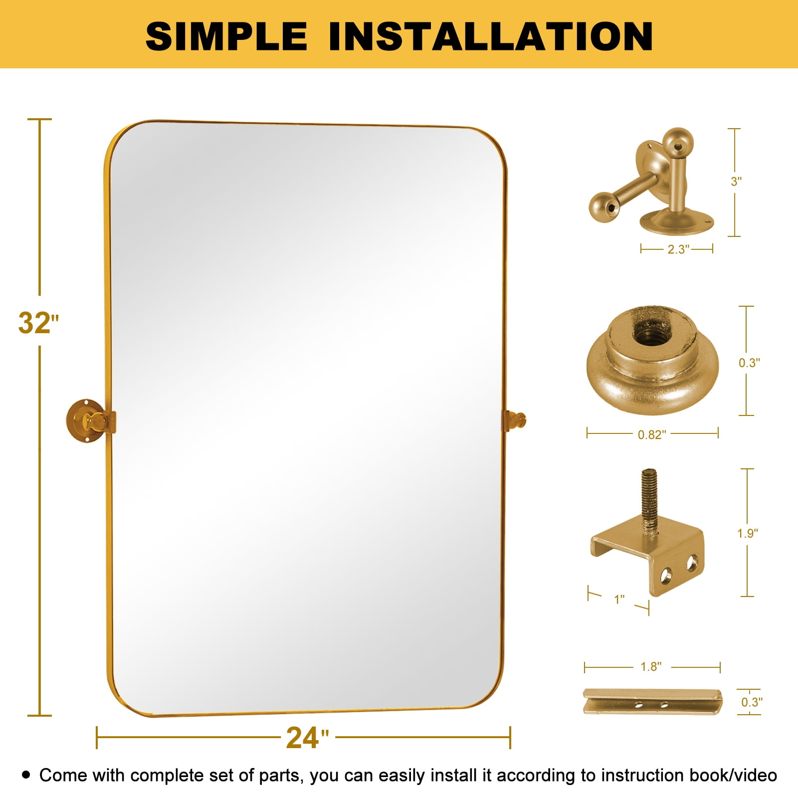 MAYEERTY 32"×24" Gold Iron Rectangular Wall Mirror Rounded Corners, Hardware, Double-Sided for Home Decor