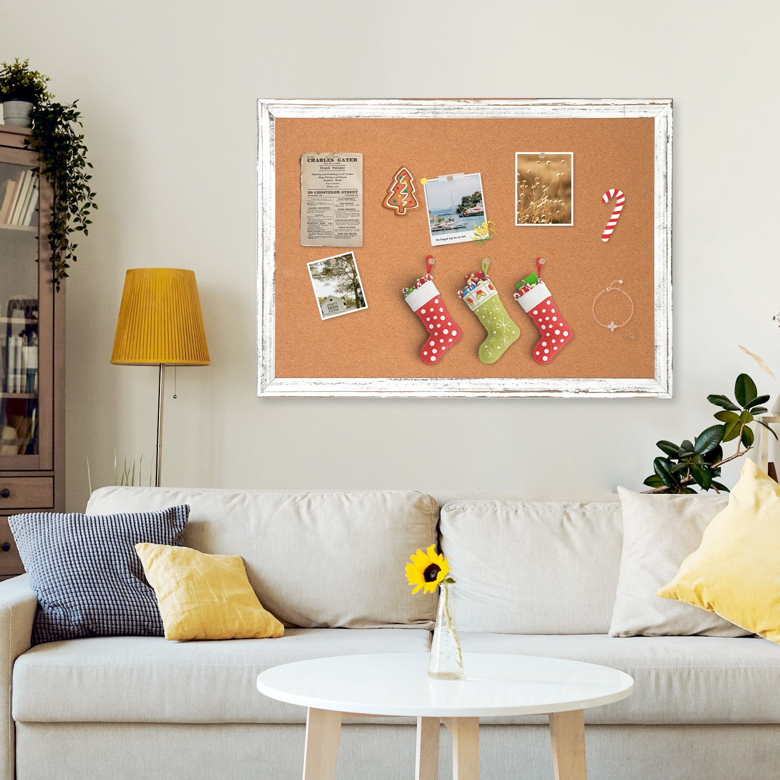 Cork Board Bulletin Board 24 x 18 Inches Cork Notice Pin Board Memo Board with Vintage Style White Wooden Frame for Display Home Decor Office Kitchen with 10 Pushpins, White Framed