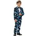 thumbnail image 2 of Xoenoiee Shark Print Boys Velvet Tuxedo Suit 2 Piece Slim Fit Kids Formal Outfit Set with Blazer Dress Pant for Wedding, 11-12 Years, 2 of 7