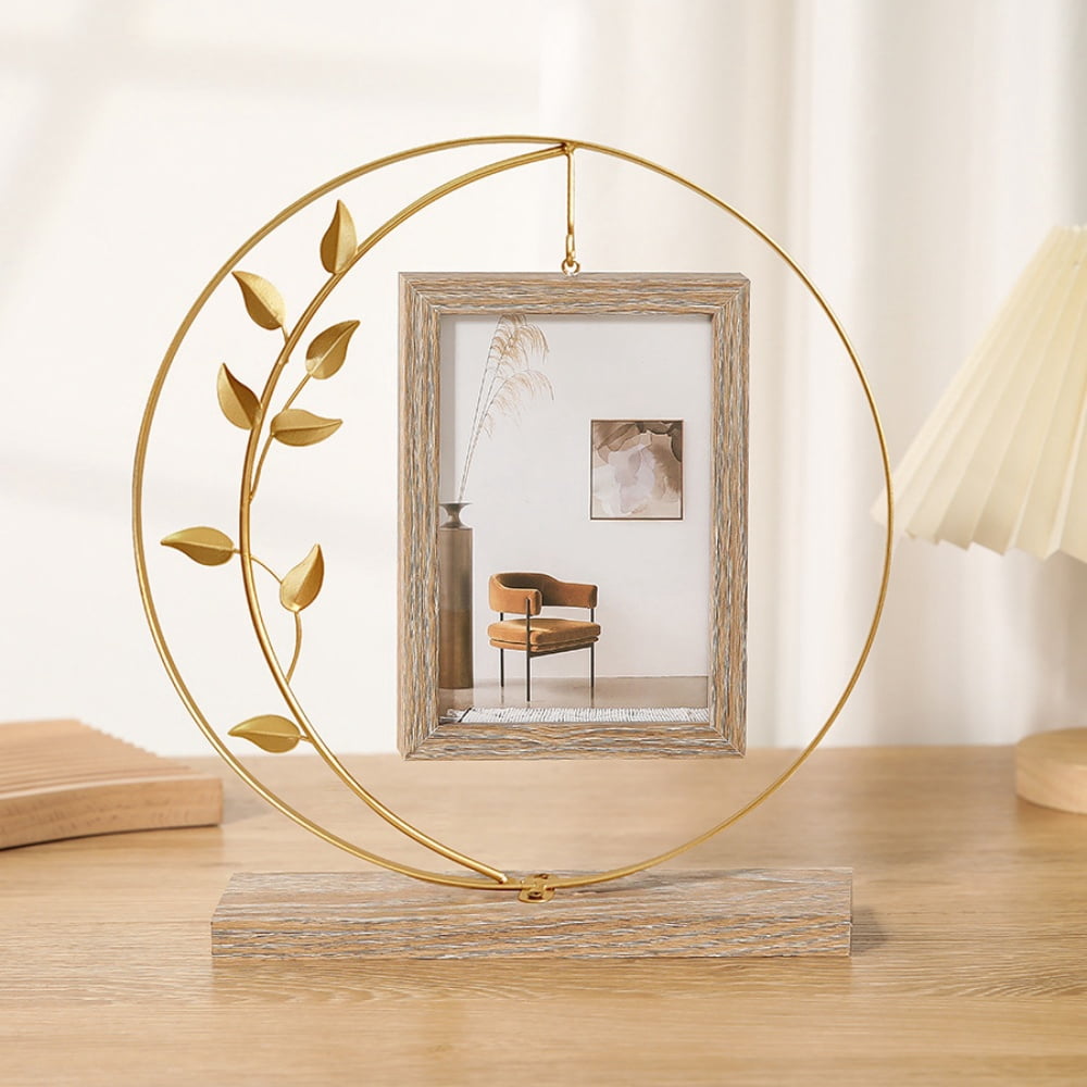 Picture Frame, Kvago Double-Sided Hanging Picture Frame Holds 4x6 Inch Vertical Photos, Family Office Desk Rustic Display Metal Tree Wooden Photo Frame, Gift for Mom Grandma Women Adults (Gold)