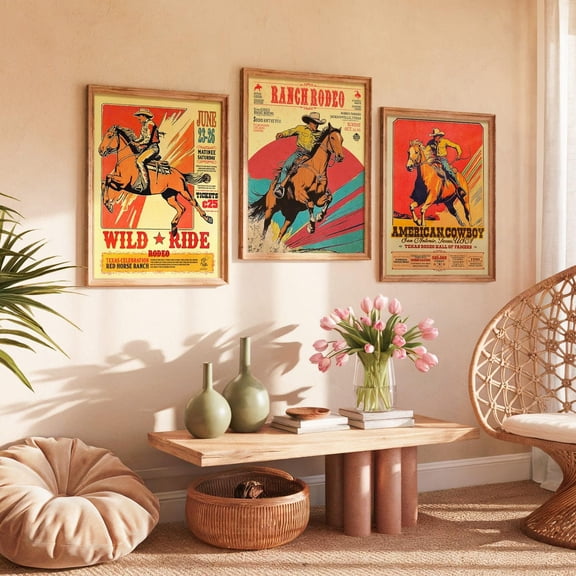 Vintage Rodeo Texas Cowboy Wall Art Western Decor Set 3 Unframed Paper Print 8x12