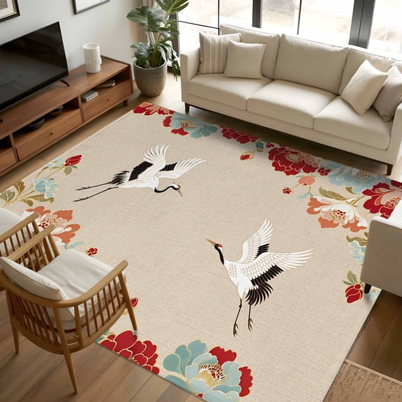 8x10 Area Rugs, Rustic Crane Non-Skid Rubber Backing Large Rectangle Rugs - Living Room Bedroom Home Office, Vintage Red Teal Spring Floral Botanical Indoor Floor Mat Carpets Washable Rug