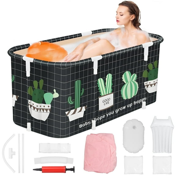 Foldable Bathtub for Adults with Bath Pillow & Seat, 6-Layer Insulation, 2-Way Draining, Fits Up to 6.5 ft, Space-Saving Portable Design for Ice or Hot Bath, Easy Assembly & Storage
