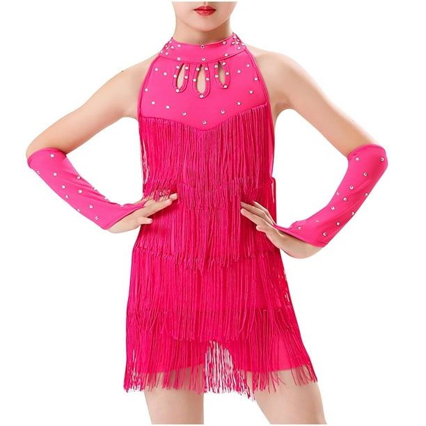 Odeerbi 2-8 Años Niñas Flecos Vestido de Baile Latino Con Sobremanga Conjunto Escenario Rendimiento Trajes de Baile Mono de Práctica Falda Con Borlas