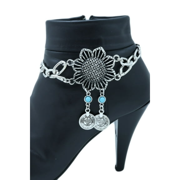 Women Silver Metal Chain Boot Bracelet Anklet Shoe Sun Flower Coin Charm Jewelry