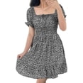 thumbnail image 3 of Square Neck Womens Boho Floral Smocked Short Sleeve Ruffle Beach Summer Mini Dress, 3 of 6