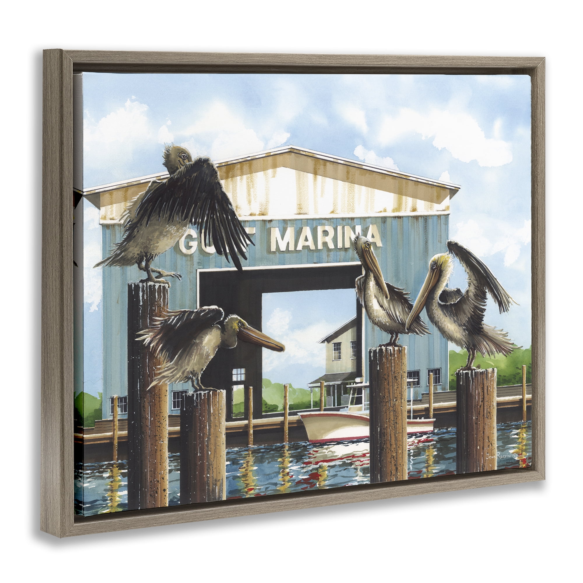 Stupell Industries Boat Marina Pelicans Nautical & Beach Painting Brown Floater Framed Canvas Art Print Wall Art, 31 x 25