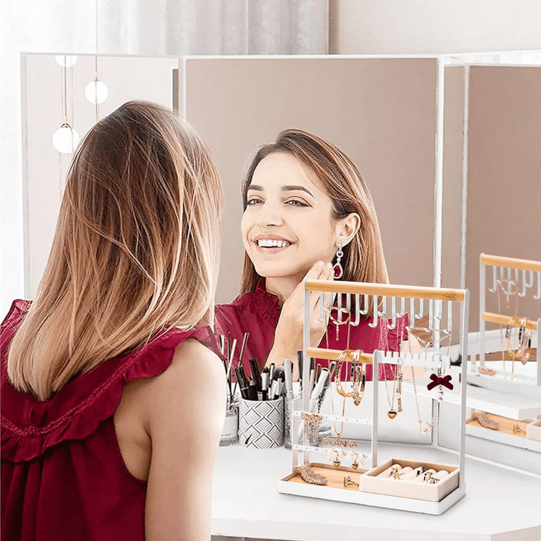 Jewelry Organizer Stand with Velvet Ring Holder 4 Tier Jewelry Holder Organizer with 15 Hooks Necklace Organizer and Watch Bracket Holder Jewelry