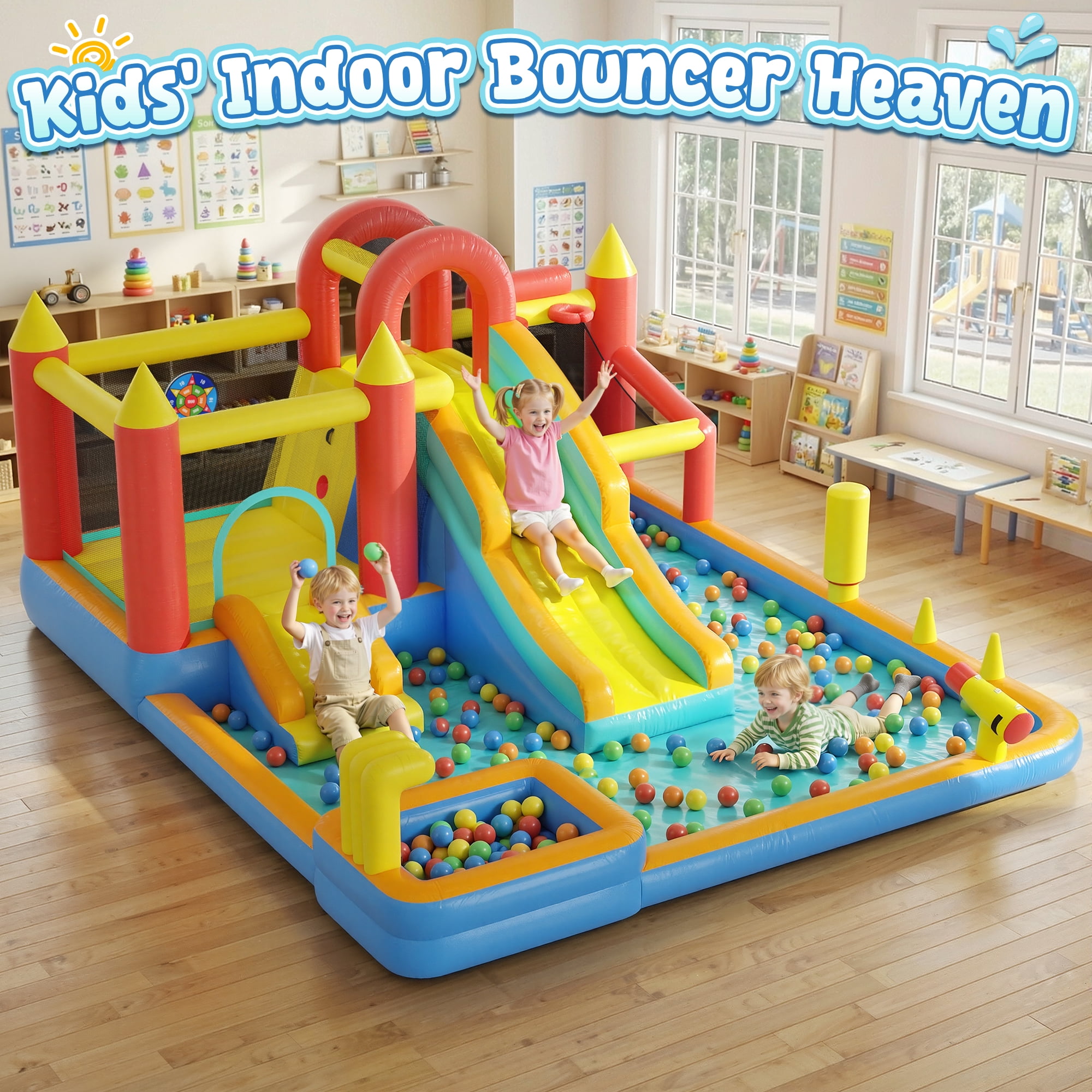 Sunnyfree 13 in 1 Inflatable Bounce House, 185" × 157" × 83" XXL Inflatable Water Slide, 196in power cord, Fishing Game, Double Water Slides, Basketball Hoop, Climbing Wall, Indoor&Outdoor