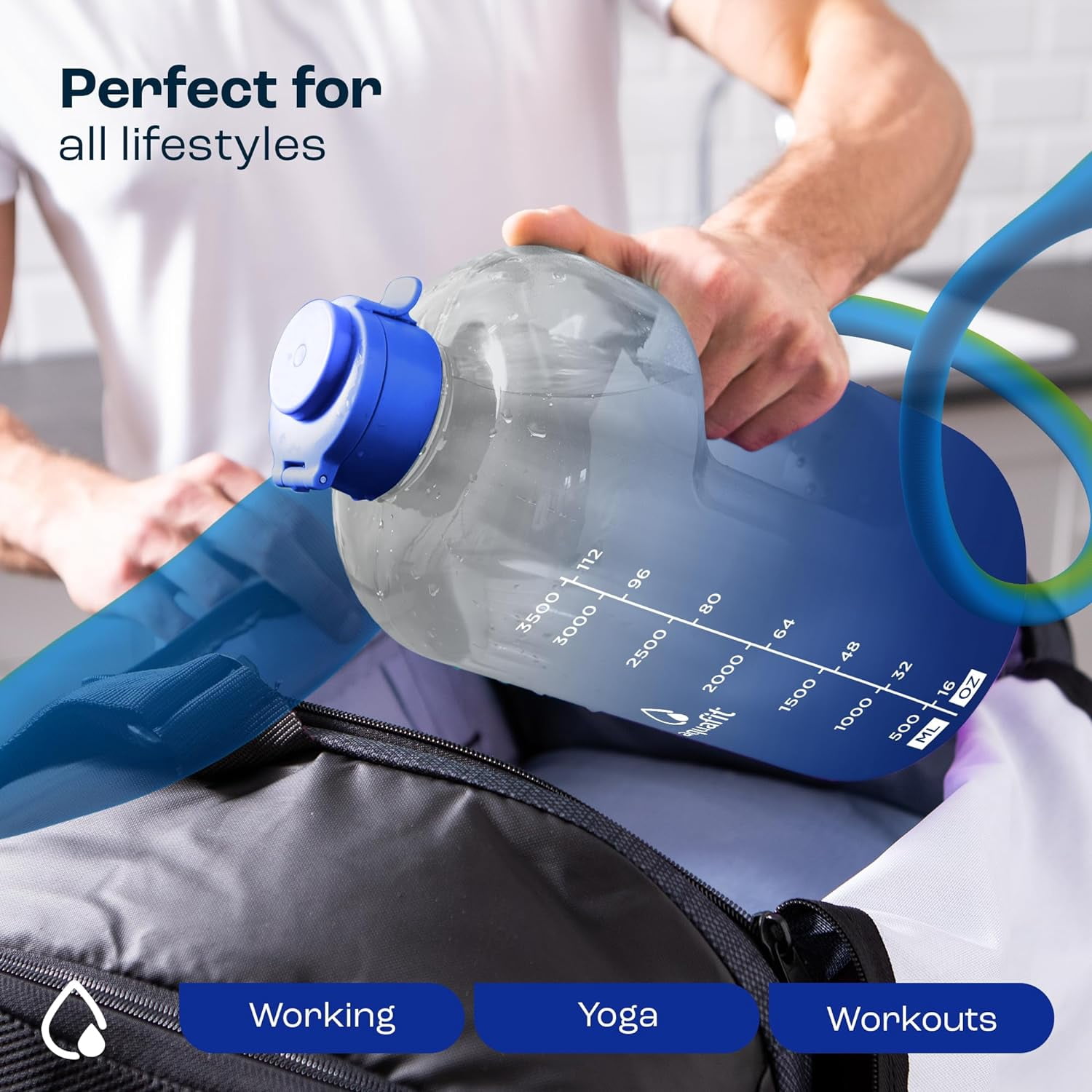 AQUAFIT - Water Bottle with Straw - Motivational Big Water Bottle with Time Marker - 1 Gallon, Blue Fade