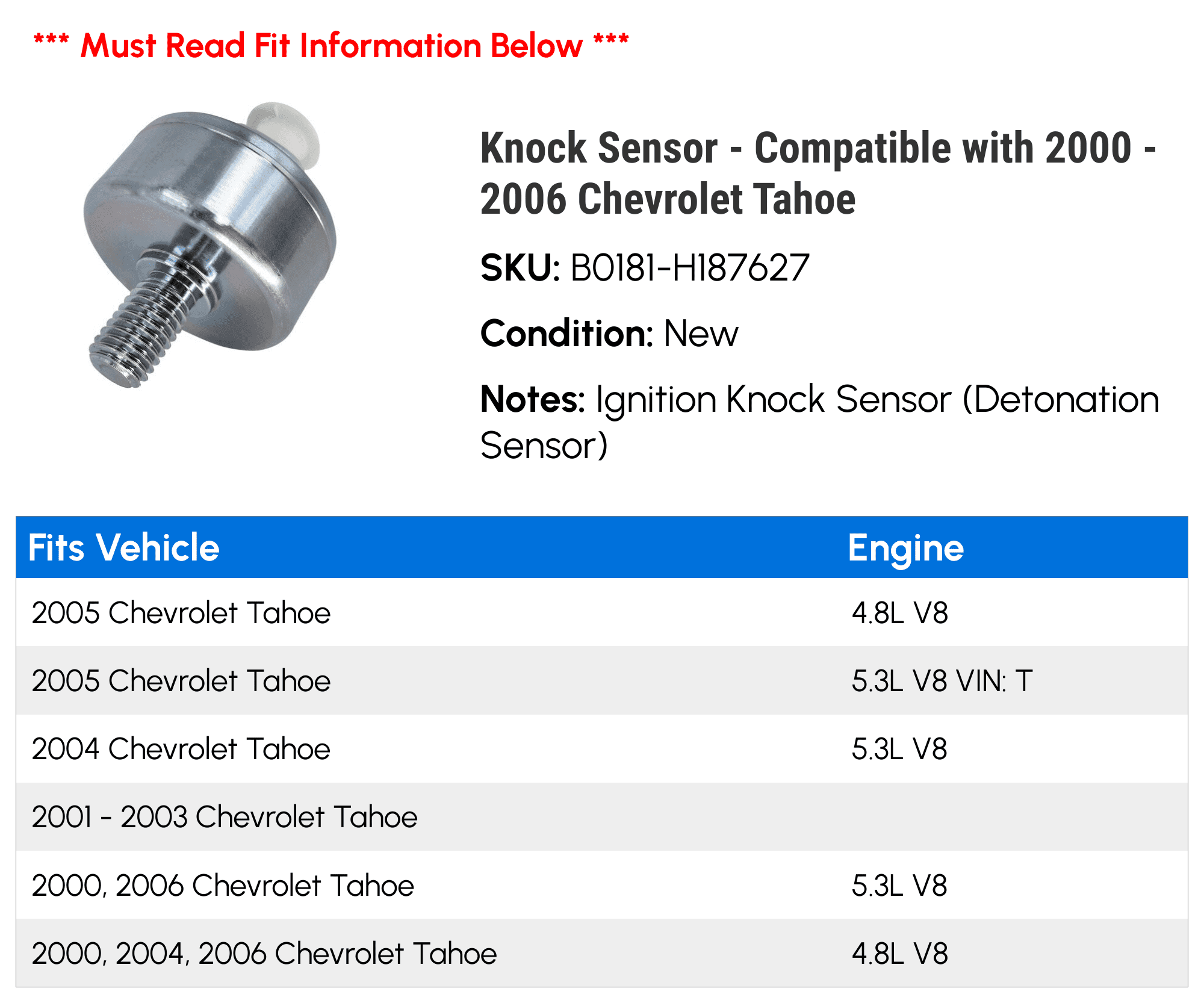 Knock Sensor - Compatible with 2000 - 2006 Chevy Tahoe 2001 2002 2003 2004 2005