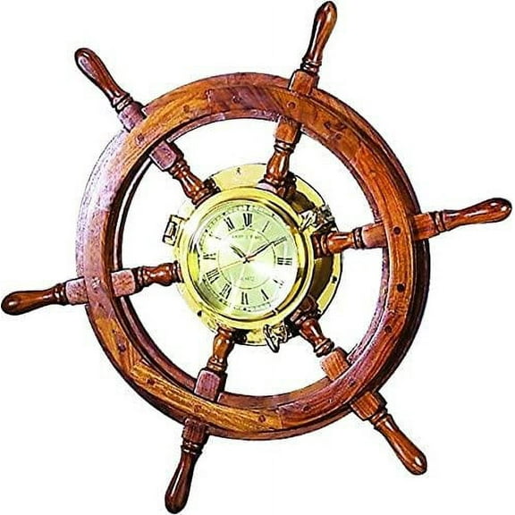 Nagina International 26" Wood Ship Wheel Brass Clock Nautical Decor Shipwheel Ocean Sea Home Decor