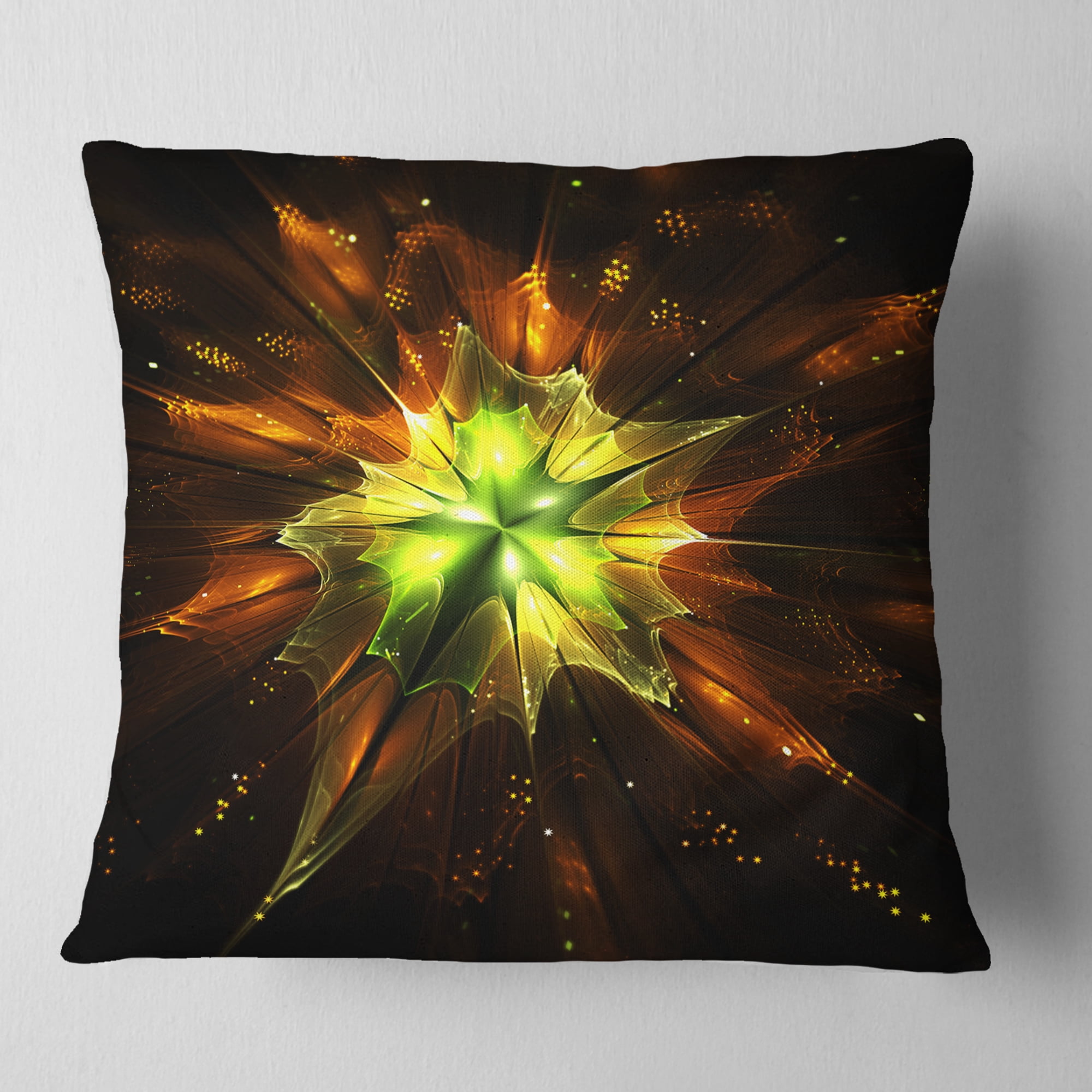Designart Orange Yellow Green Fractal Flower - Floral Throw Pillow - 16x16