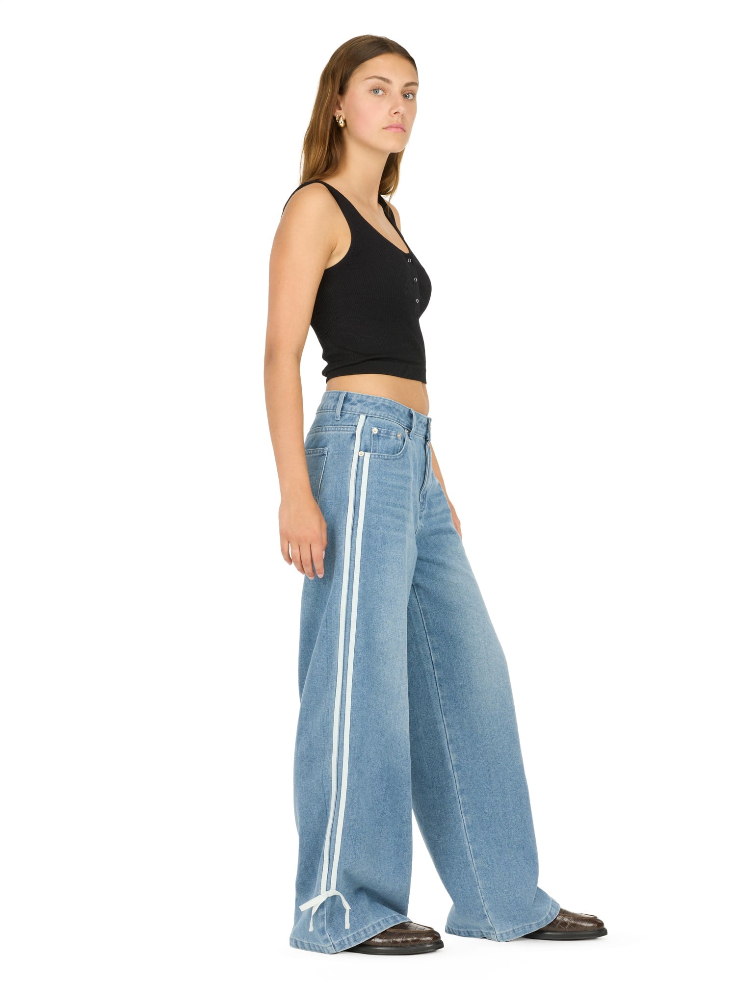 Forever 21 Women's Low Rise Baggy Fit Jeans with Side Stripes and Bow Accents, Sizes 0-14