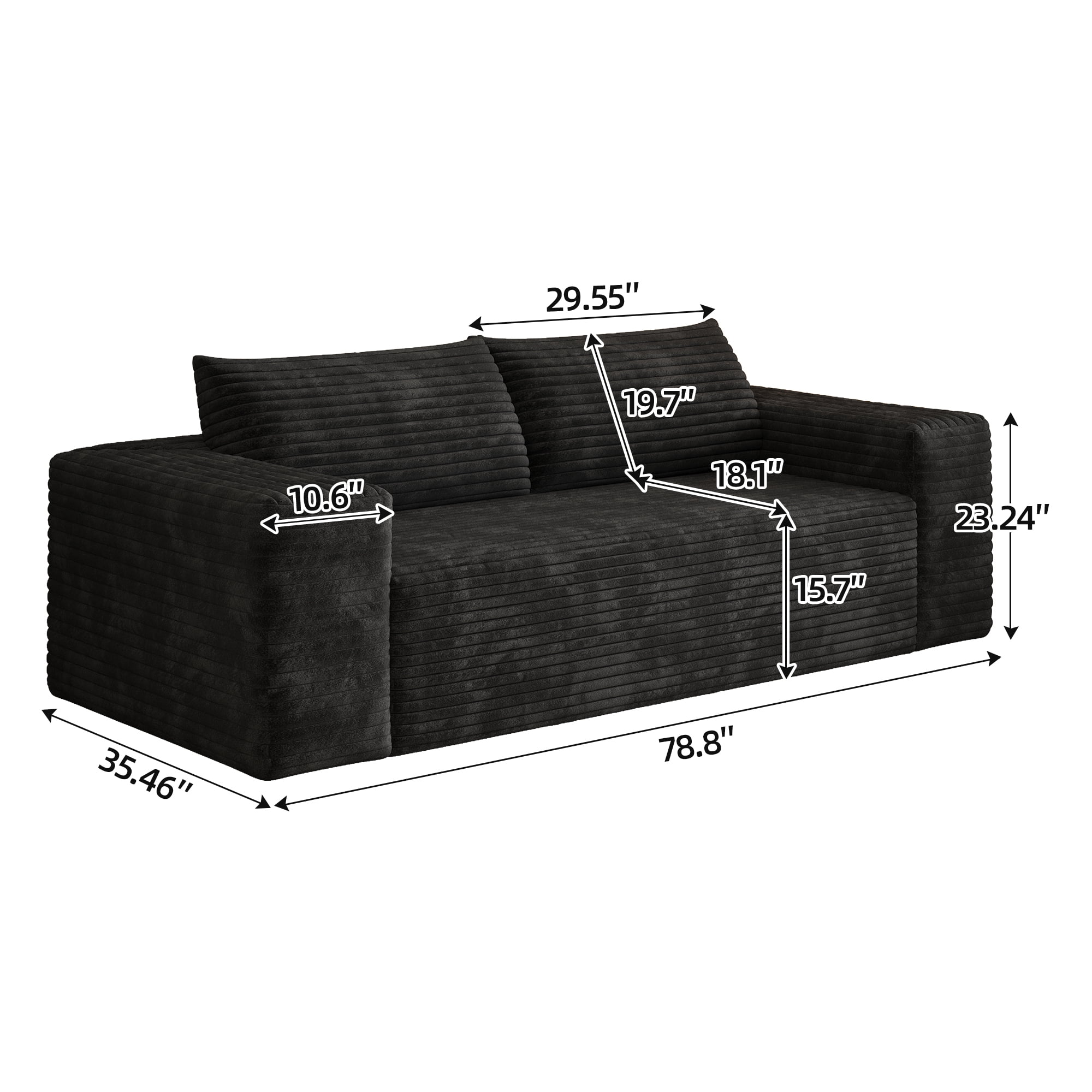 Leumius 78.8" Cloud Couch,3 Setaser Sofa with Deep Seat,Boneless Couch Sofa with 2 Pillows for Living Room,No Assembly Required,Black