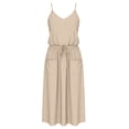 thumbnail image 4 of Efsteb Summer Formal Dresses For Women Spaghetti Strap V-Neck Drawstring Waist Midi Dress Solid Color Casual Dress with Side Pockets (Beige,L), 4 of 4