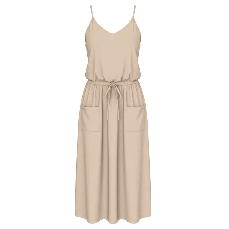 graduation slip dress Sentmoon Spaghetti Strap Maxi Maxi Sundresses for Women Summer Dress Solid Color Sleeveless Crew Neck Elastic Waist Regular Fit Dress with Pockets Holiday S-2XL 26-2SS